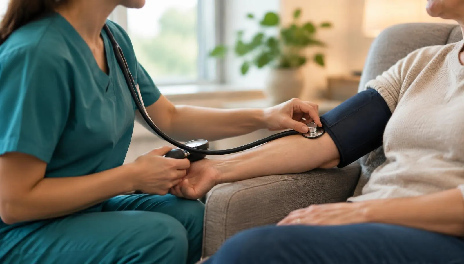 A nurse checks the blood pressure of a seated adult in a calm, sunlit clinic room