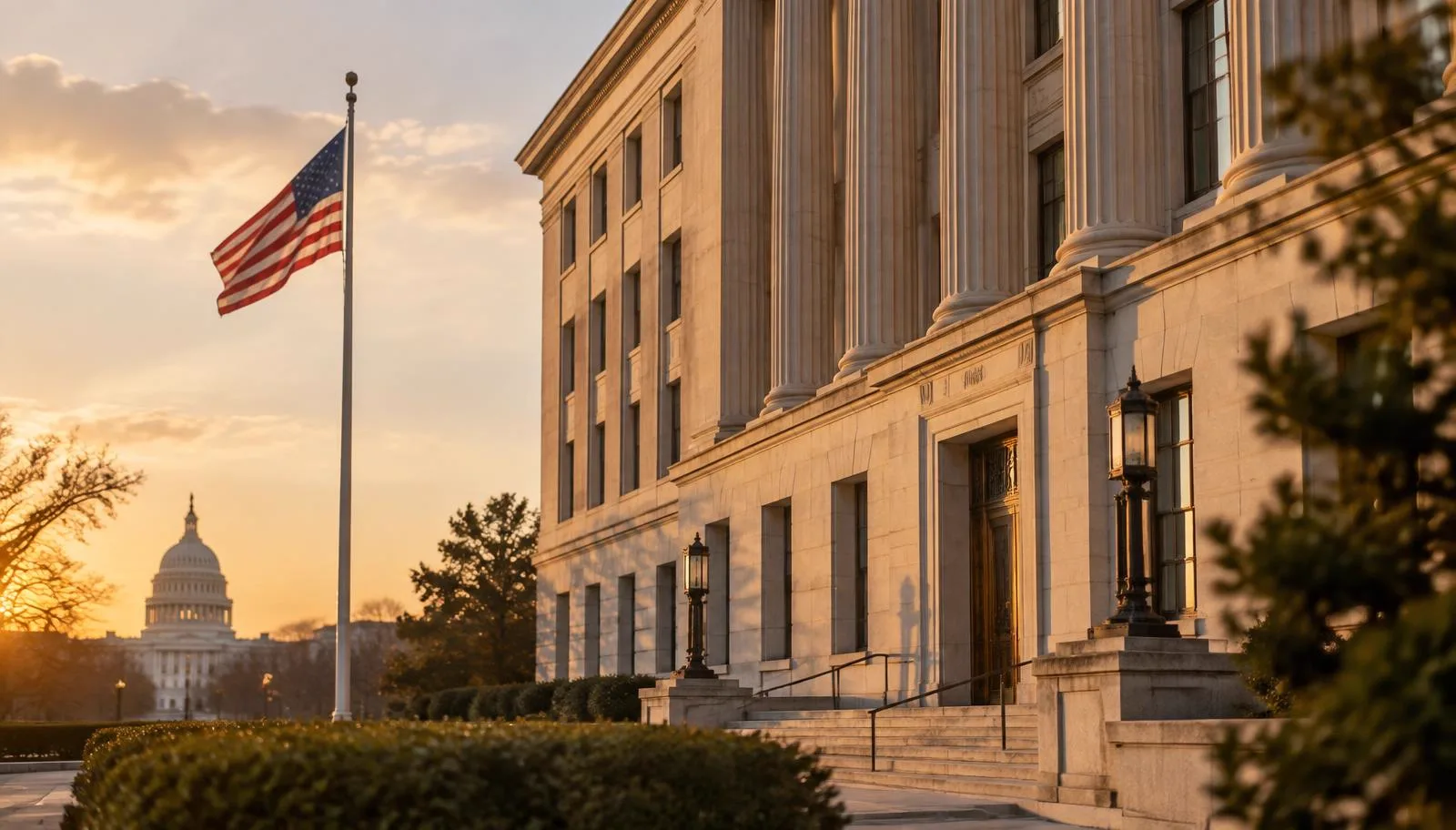 A federal government building in Washington, D.C. at golden hour with an American flag and the U.S. Capitol dome in the distance