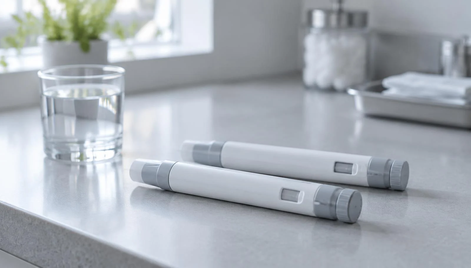 Two unbranded GLP-1 injector pens on a clinic countertop beside a glass of water