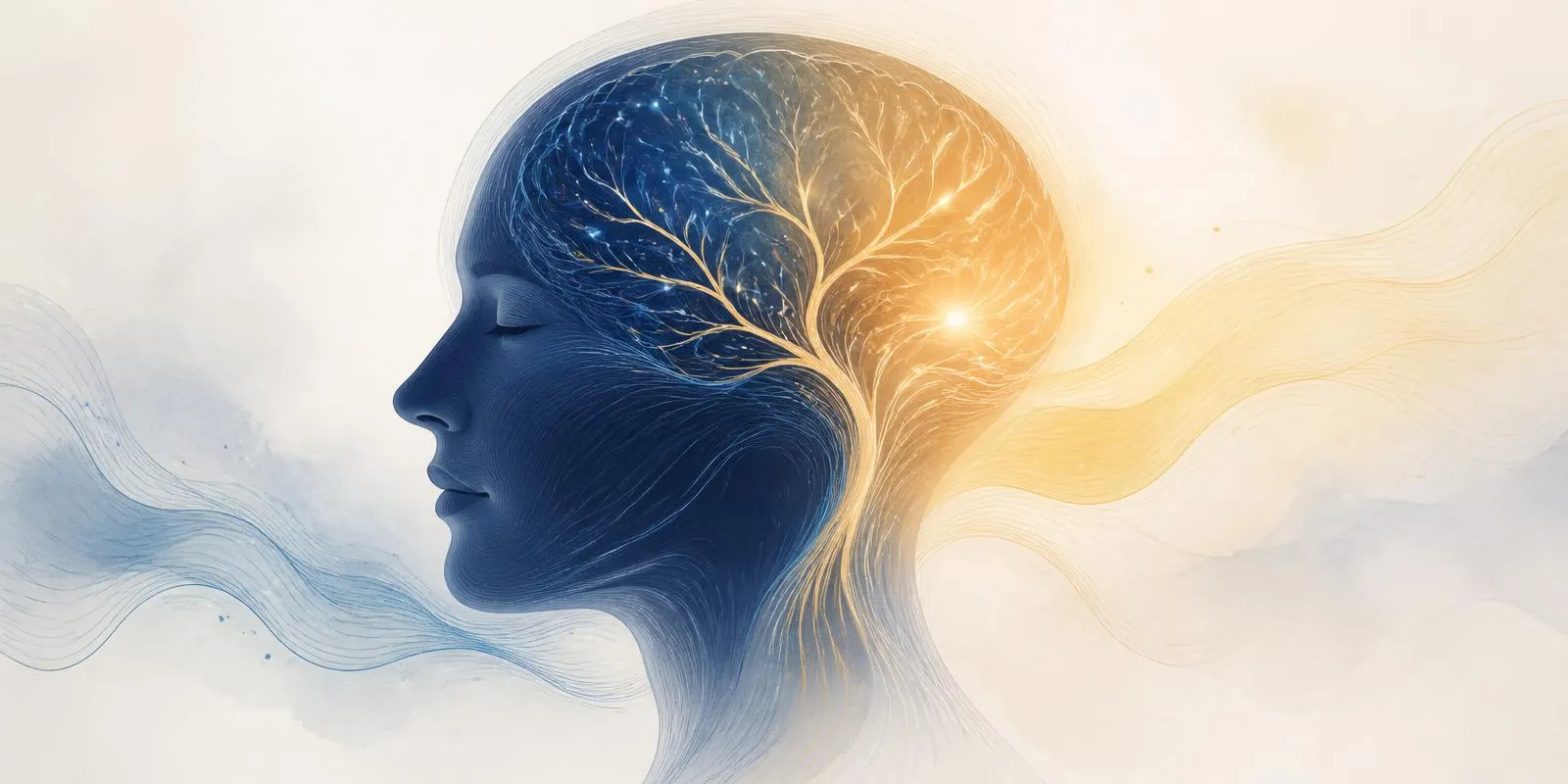 Illustration of a human head in profile with glowing neural pathways in indigo and amber