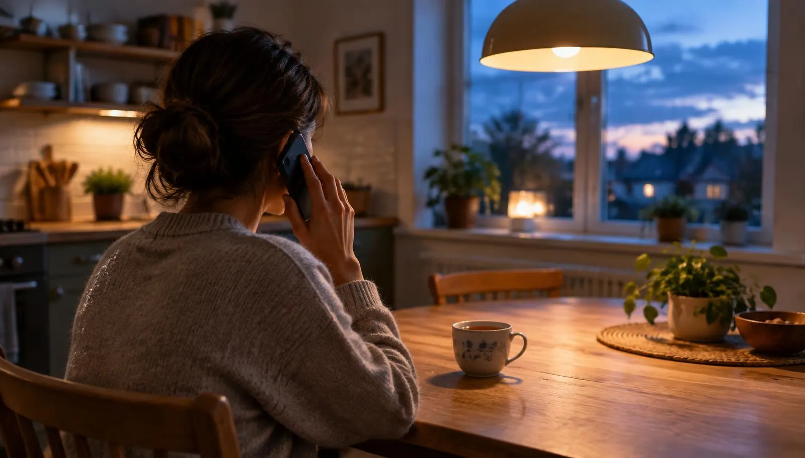 A woman at her kitchen table in the evening making a phone call, a cup of tea beside her
