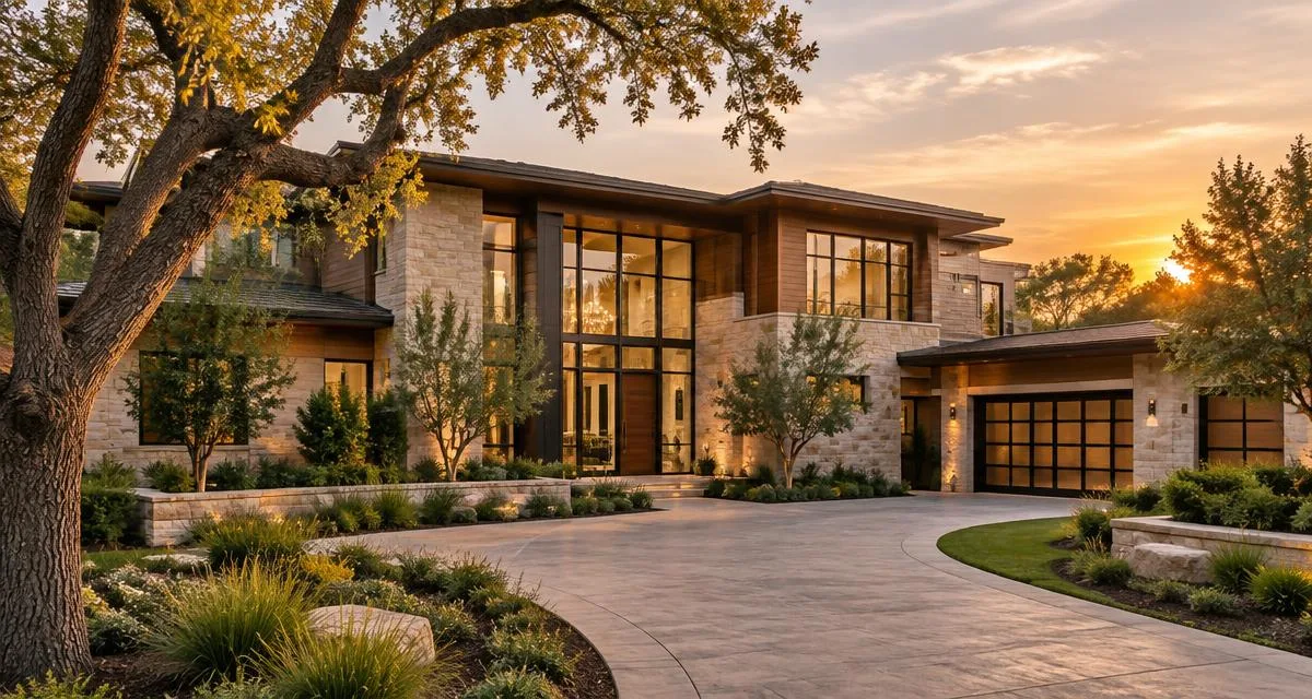 Upscale modern residential home exterior at golden hour with stone facade and landscaped drive