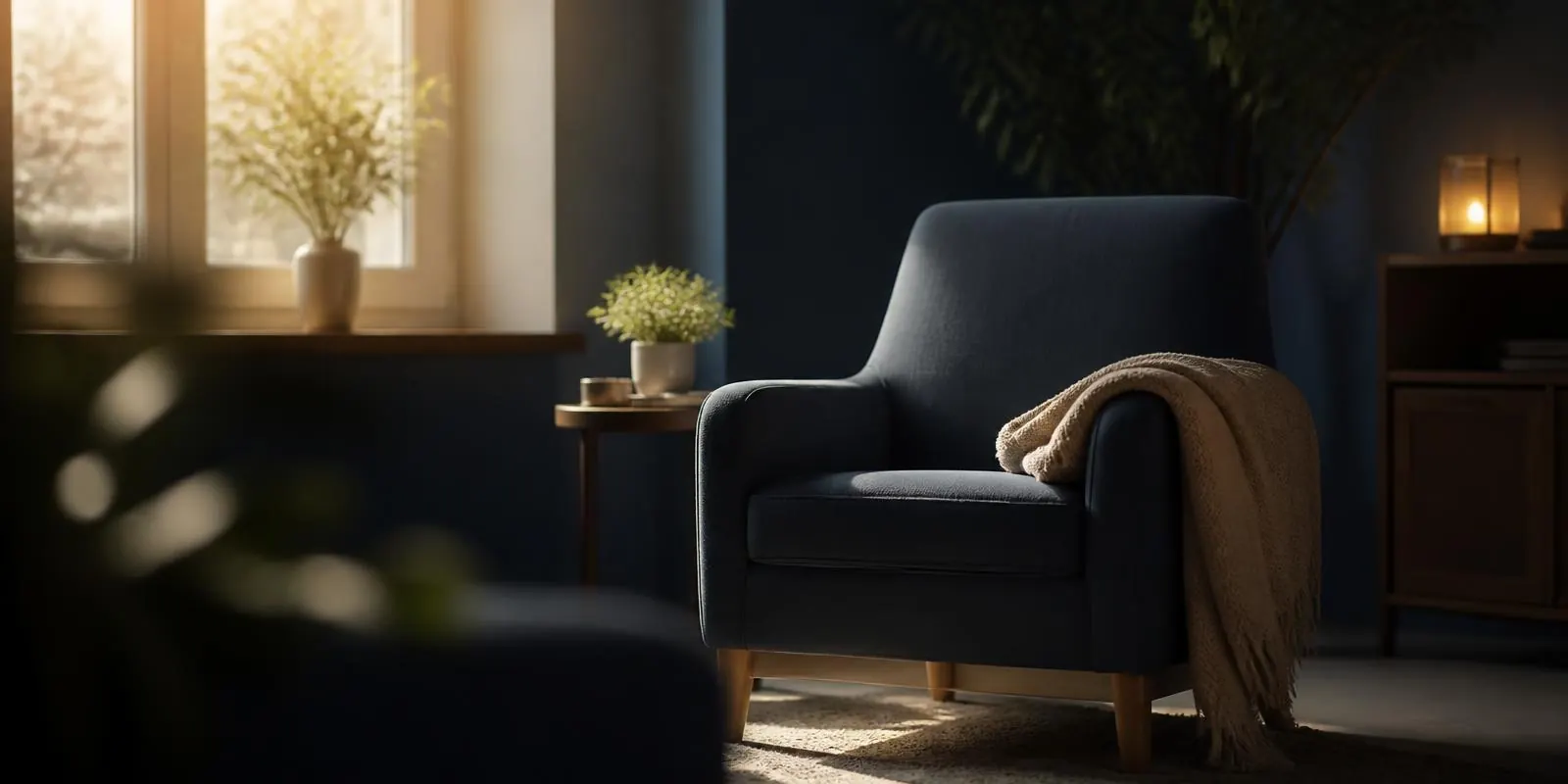 Empty armchair with a folded blanket in a quiet, sunlit therapy room