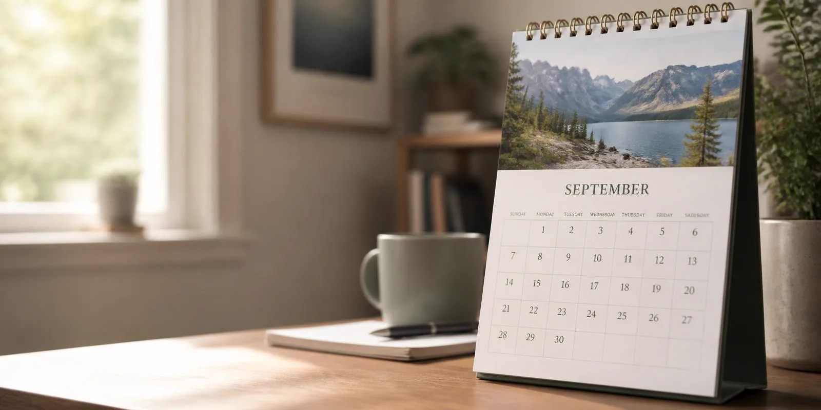 A September desk calendar in warm morning light beside a coffee mug and notebook