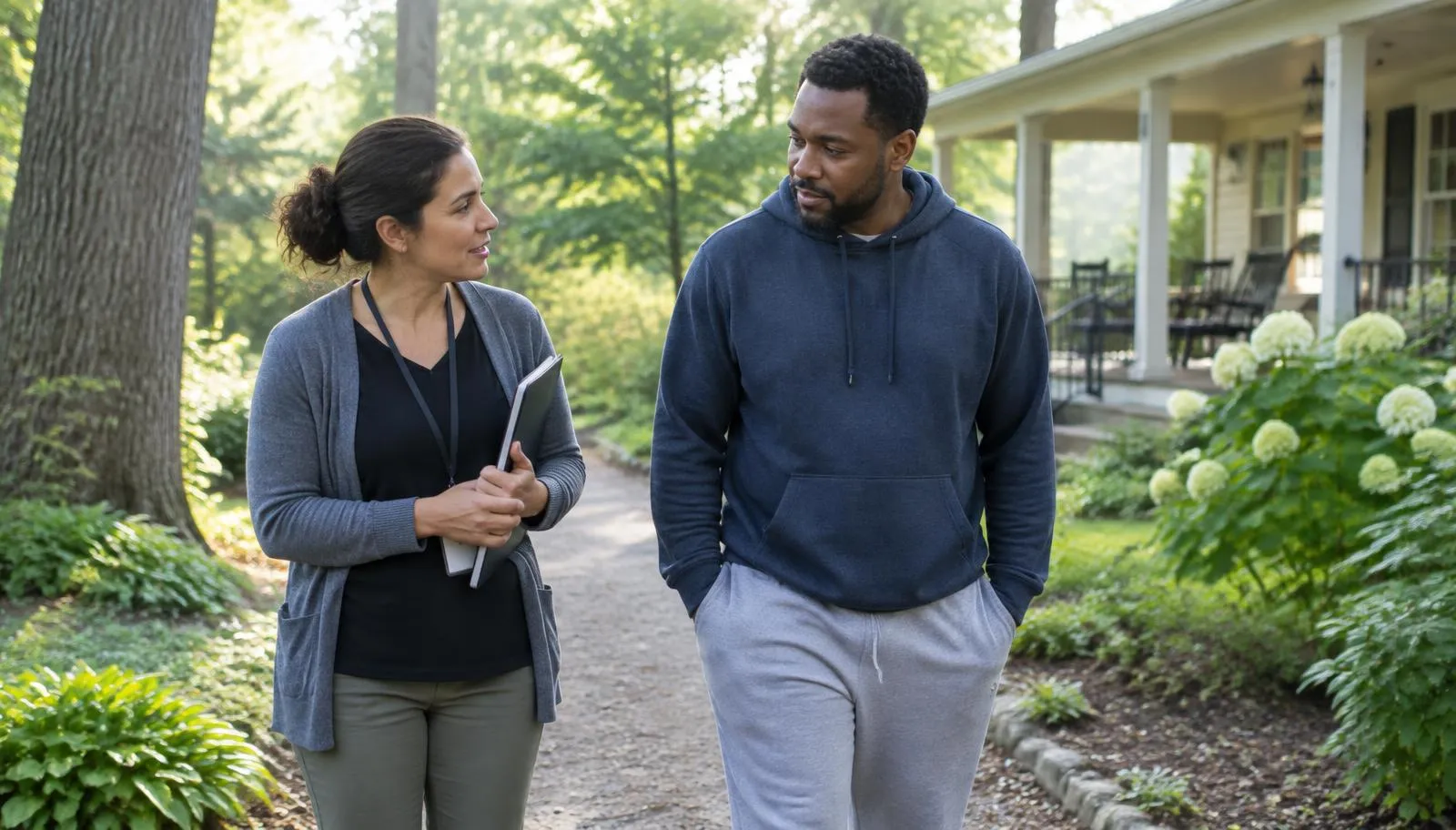 A counselor and an adult client talking as they walk a garden path outside a residential treatment house