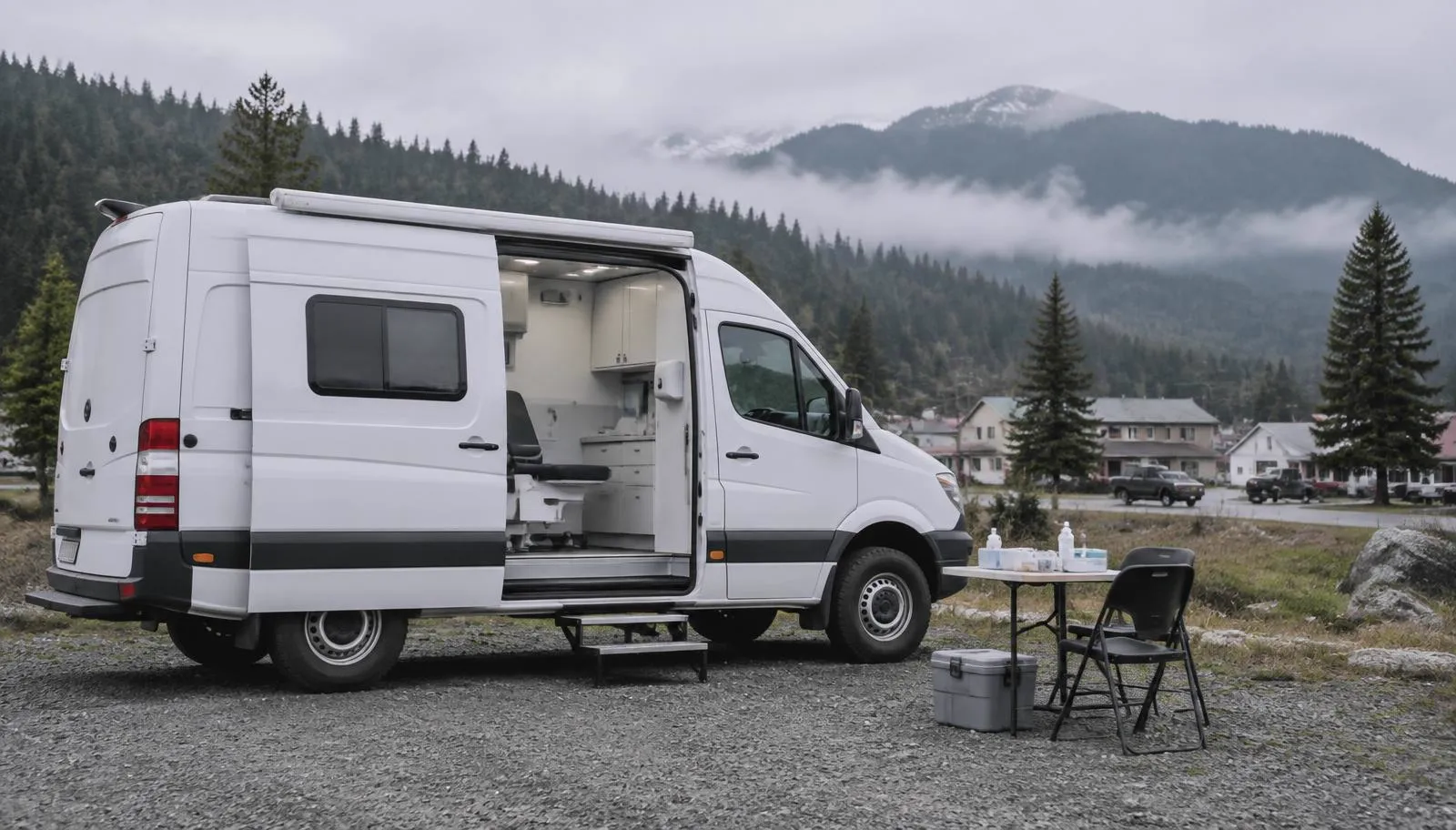 White mobile medical clinic van parked on gravel at the edge of a rural Pacific Northwest town with forested hills behind it