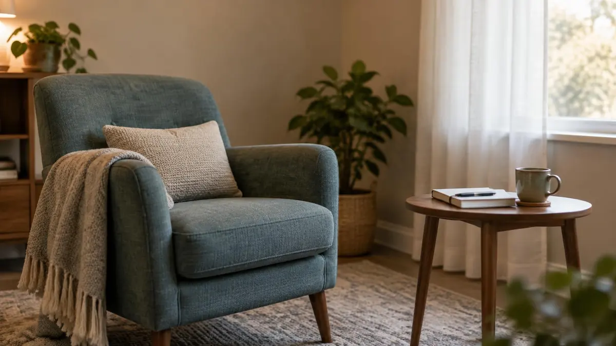 Quiet daylit counseling room with an empty armchair, side table and notebook