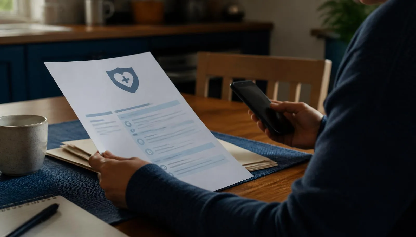 A person at a kitchen table reviewing an insurance benefits document while holding a phone