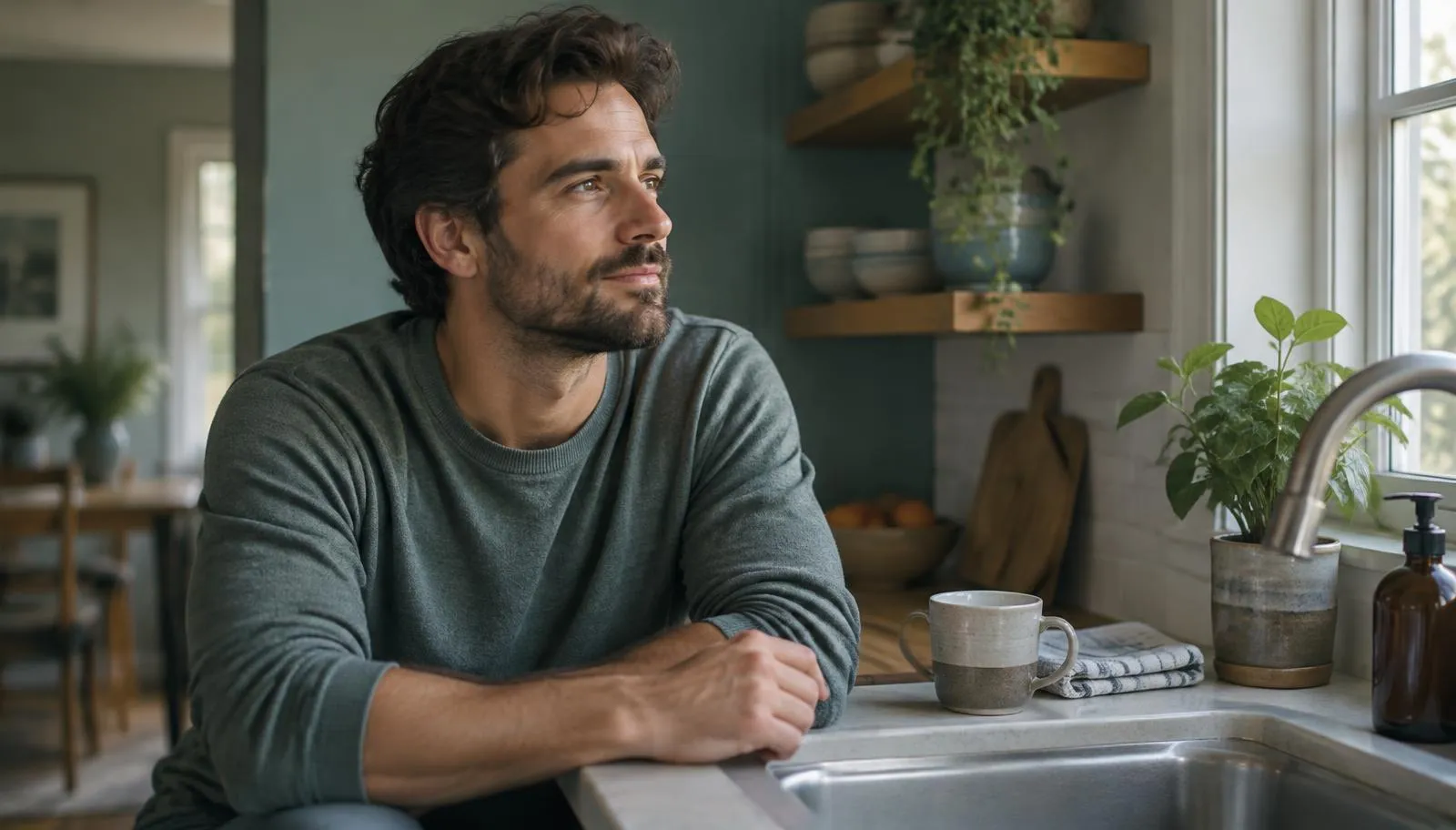 A man pausing thoughtfully at his kitchen counter in soft morning light