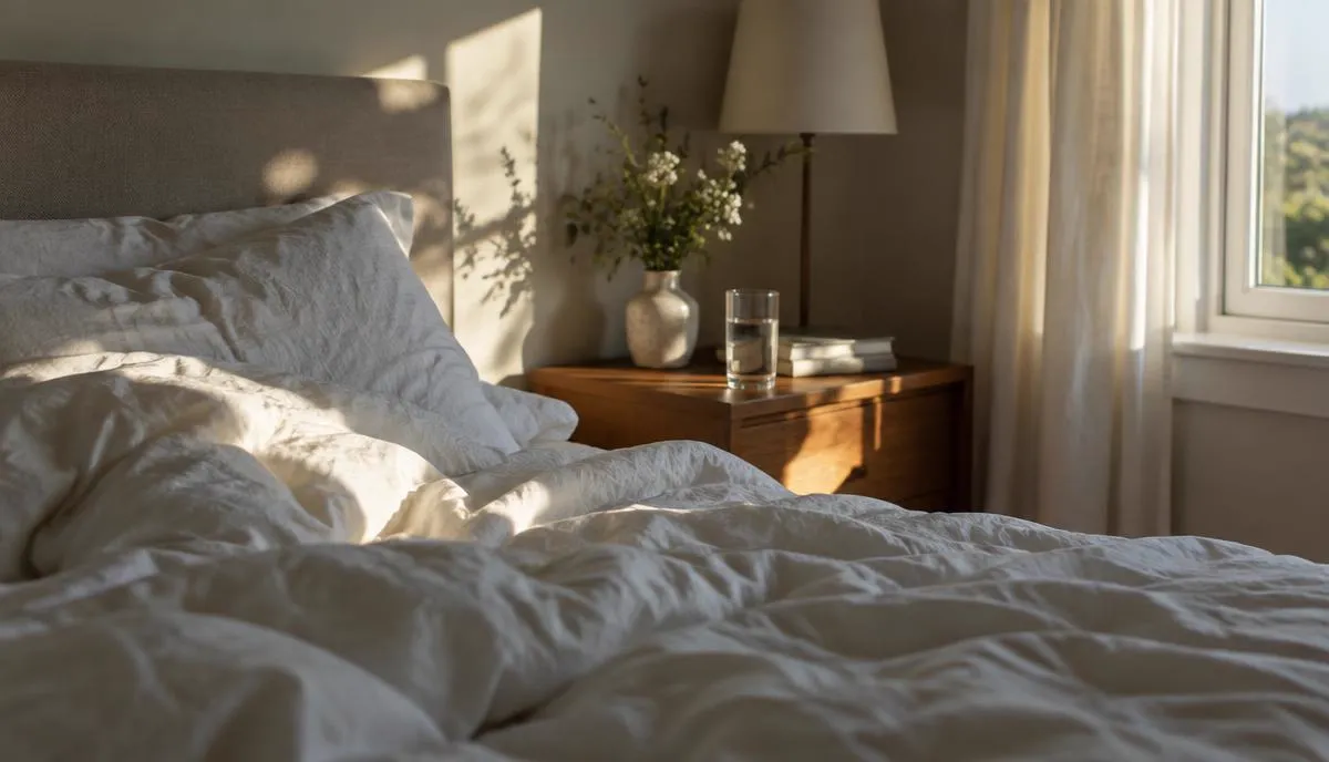 Sunlit bedroom with white linens and a glass of water on the nightstand in early morning