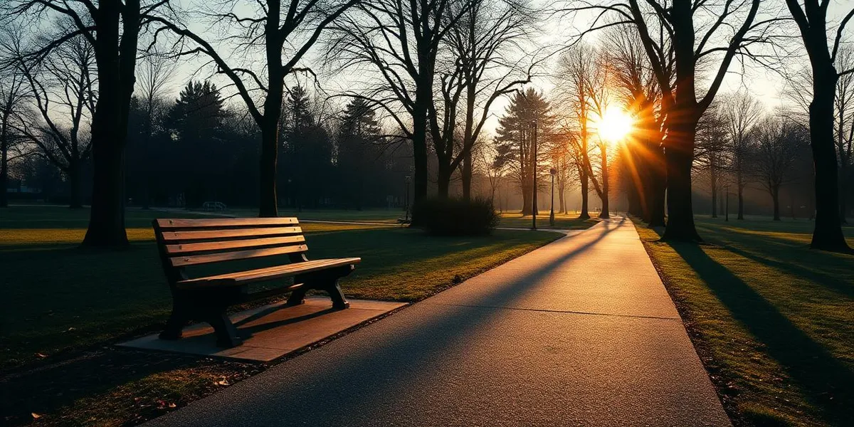 A park bench beside a path at sunrise