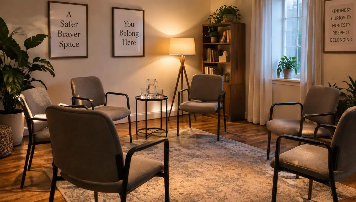 Group therapy room in an alcohol treatment center with chairs arranged in a circle