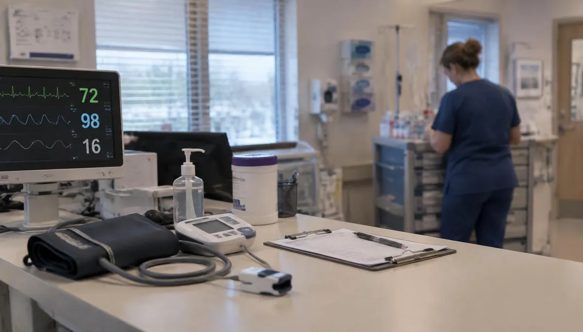 Detox unit nurses station with vital-signs monitor, blood pressure cuff and medication cart