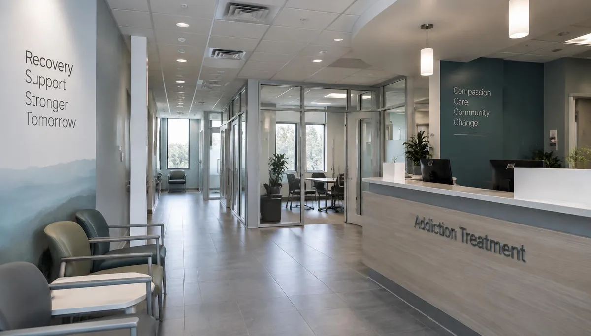 Counseling office in a substance use treatment center with two chairs and daylight