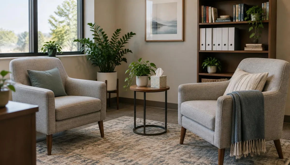 Quiet behavioral health consultation room with two armchairs, side table and clinical reference binders