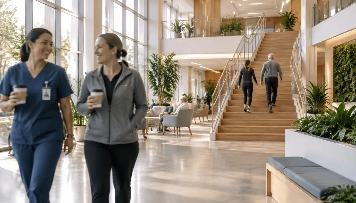 Sunlit atrium of a modern rehabilitation center with staff and residents walking