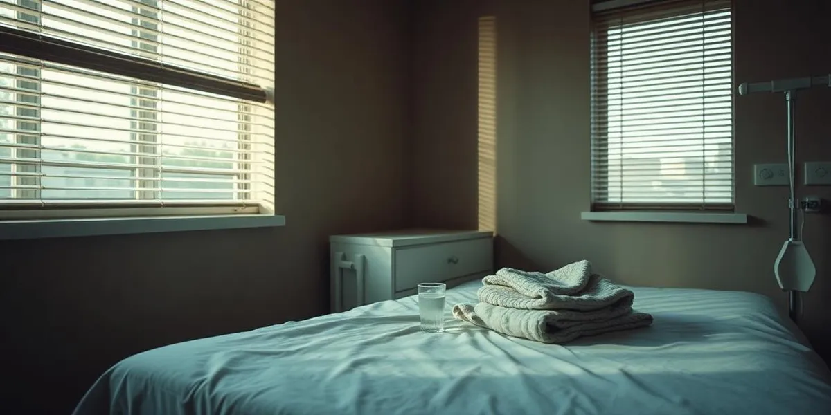 A quiet, softly lit detox room with a made bed and a glass of water