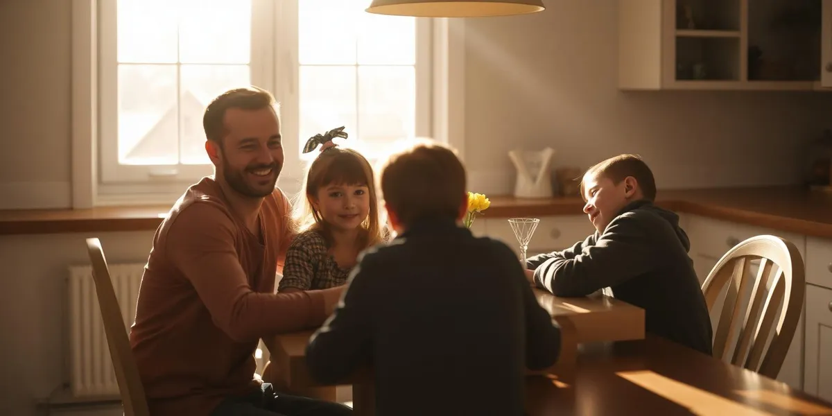 A family sitting together at a sunlit kitchen table