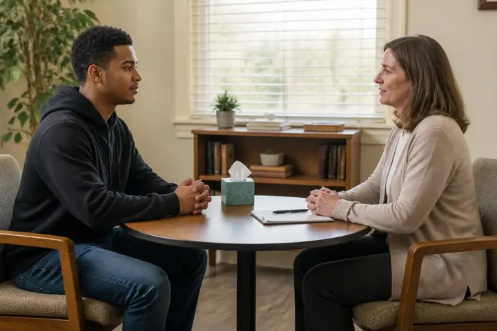 A counselor and client talking across a small table in a bright office