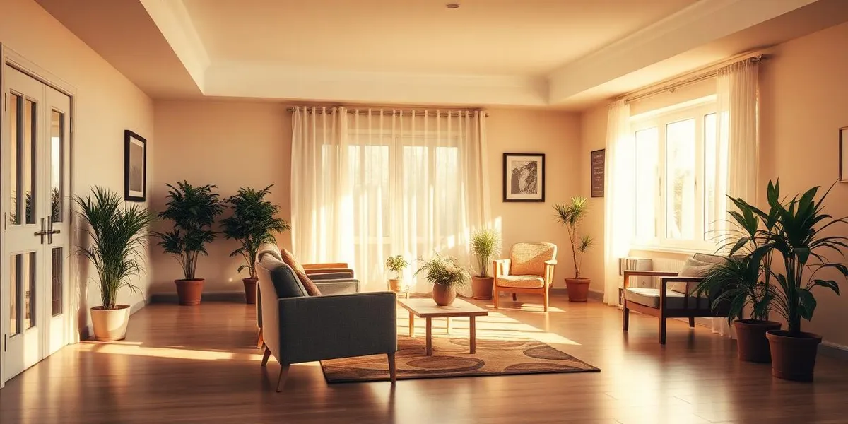 A sunlit common room in a residential treatment center