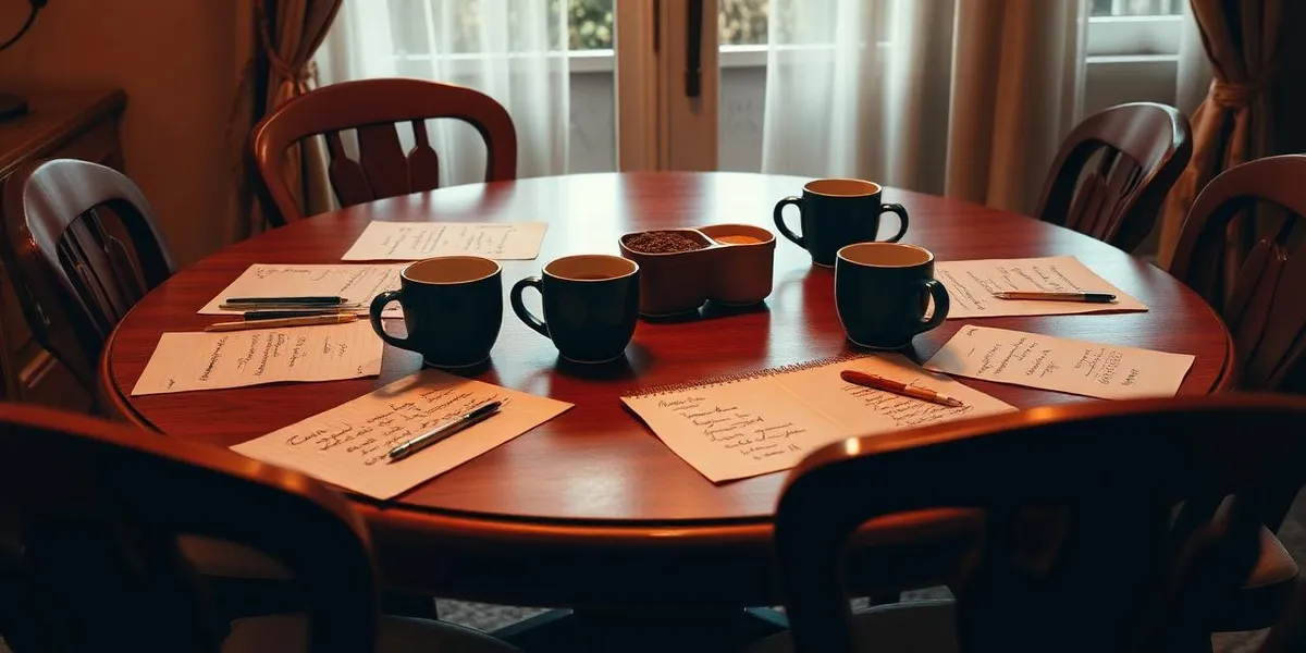 A family dining table set with coffee mugs and handwritten notes