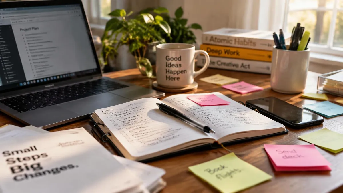 A desk covered in sticky notes, an open planner, and a laptop in daylight