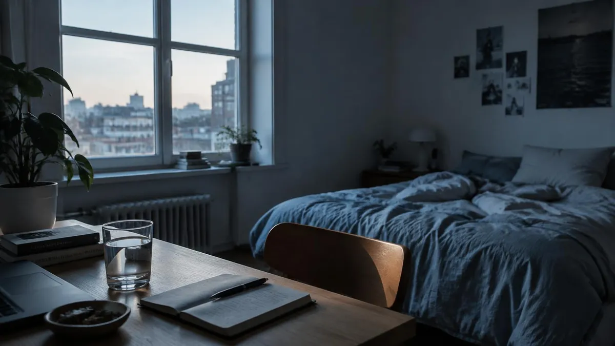 Early morning light across a quiet bedroom and writing desk