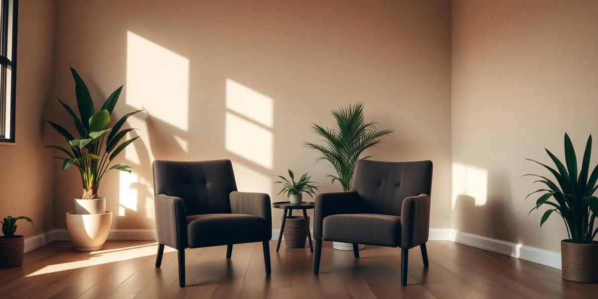Two empty armchairs in a warm, plant-filled therapy office