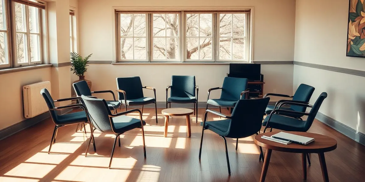 A circle of empty chairs in a bright counseling room