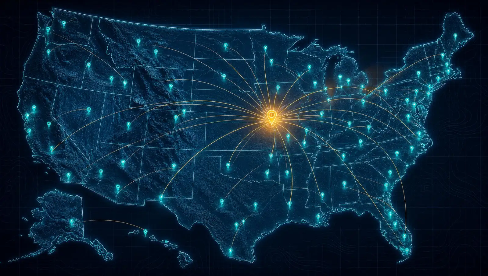 Illustrated map of the United States on a dark blue background with glowing location pins and arcing lines connecting regions