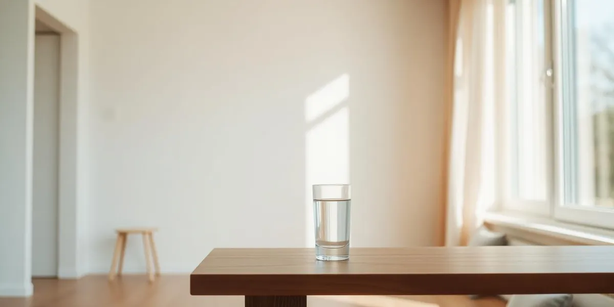 Quiet sunlit room with a glass of water on a table