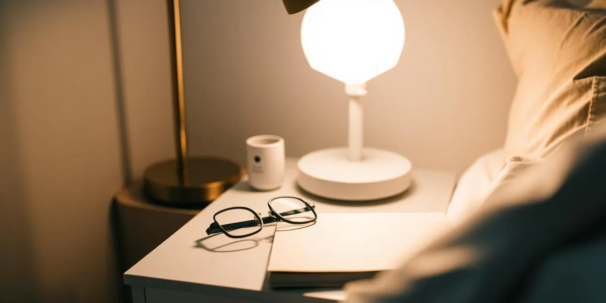 Bedside table with a lamp, glasses and a notebook in evening light