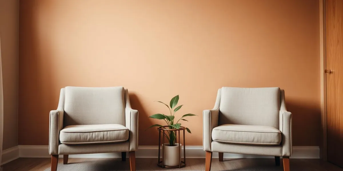 Two empty armchairs in a warm counseling office