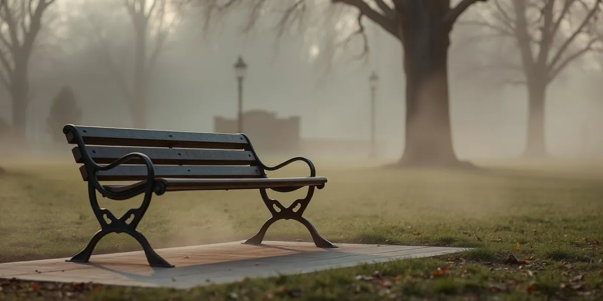 An empty park bench on a quiet, misty morning