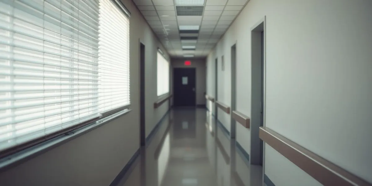 Quiet clinical hallway with morning light through blinds
