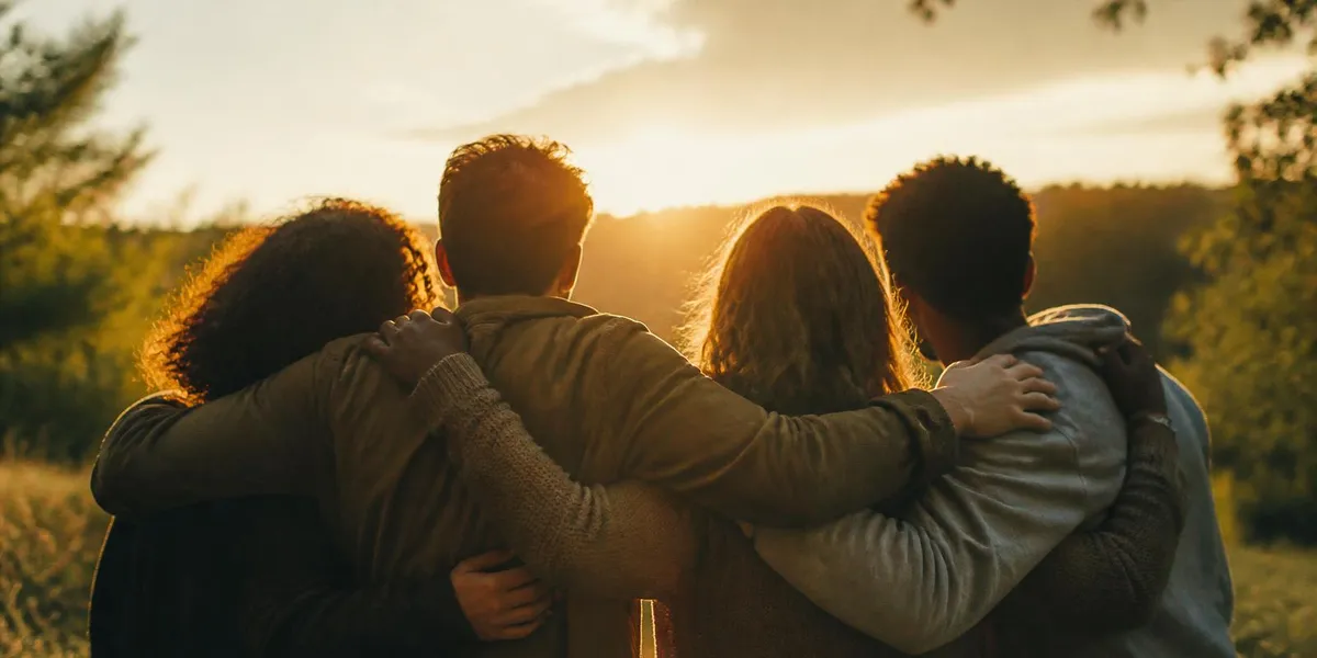 A group of friends embracing outdoors at golden hour