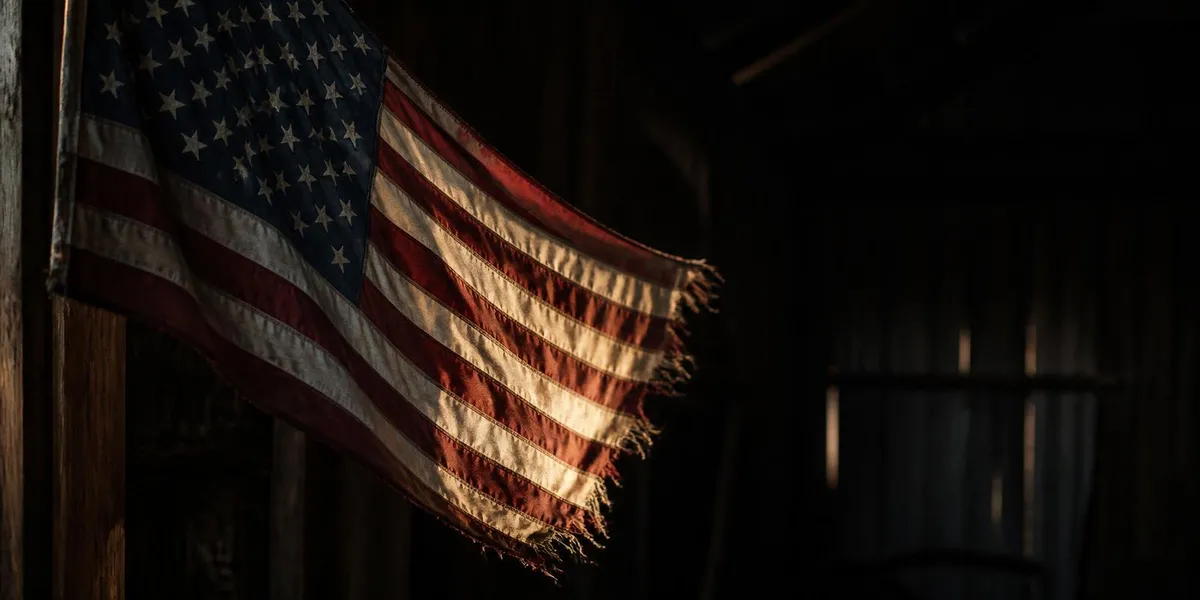 A weathered American flag lit by late-afternoon sun