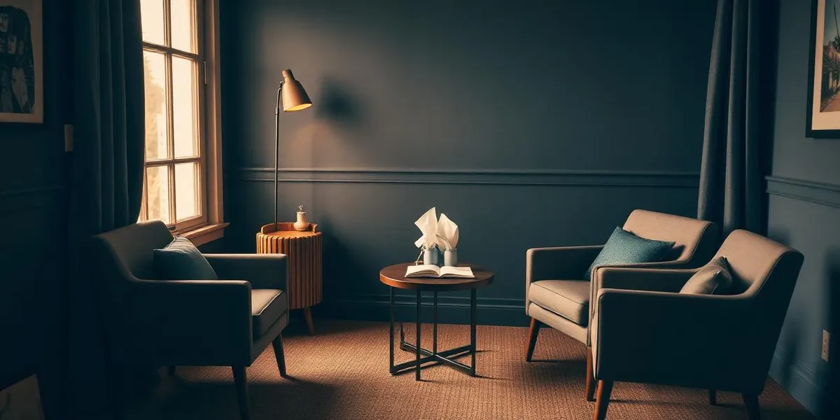 Two chairs facing each other in a quiet counseling room