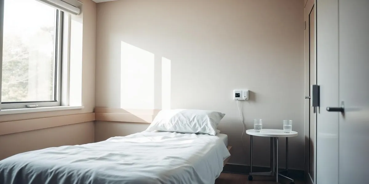 Quiet, sunlit medical detox room with a comfortable bed