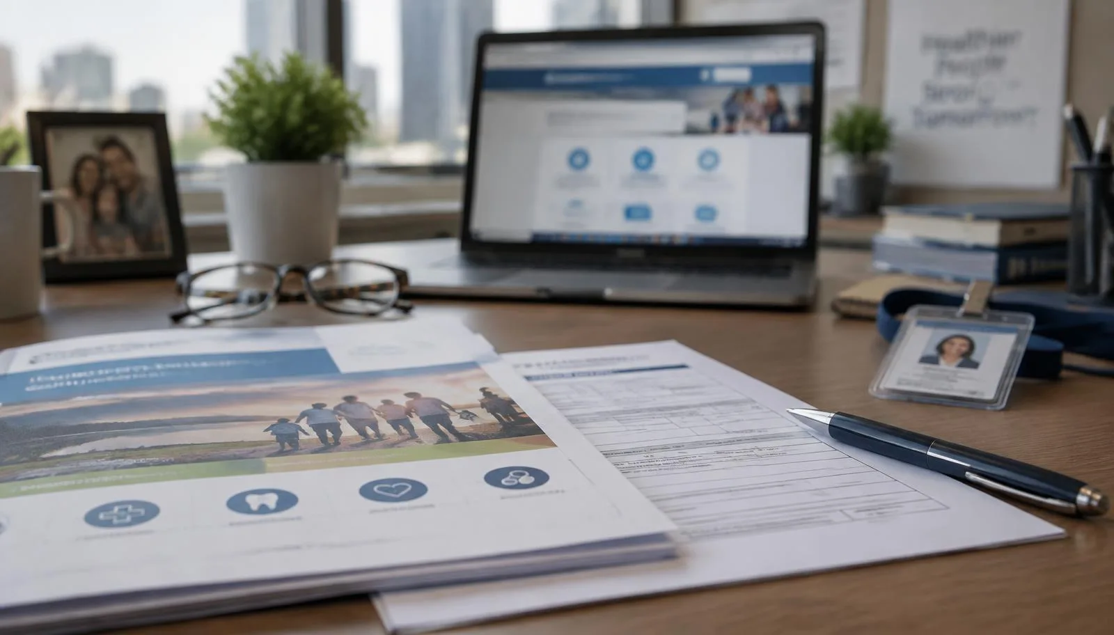 Employee benefits paperwork, an insurance plan booklet and a laptop on a desk in an office