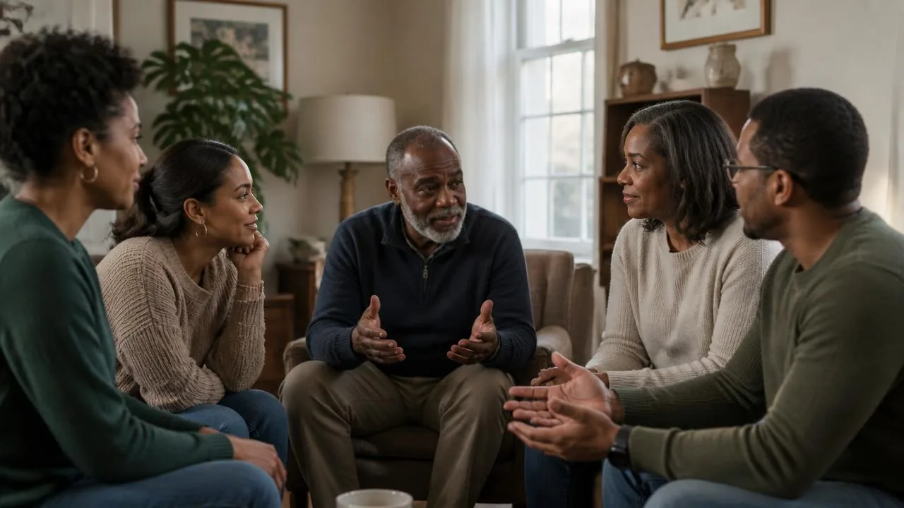 A family seated together in a living room talking with one another during a supportive conversation
