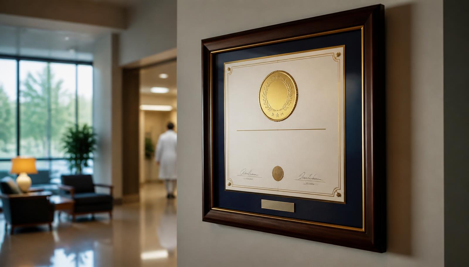 Framed accreditation certificate hanging on a wall in a treatment center lobby